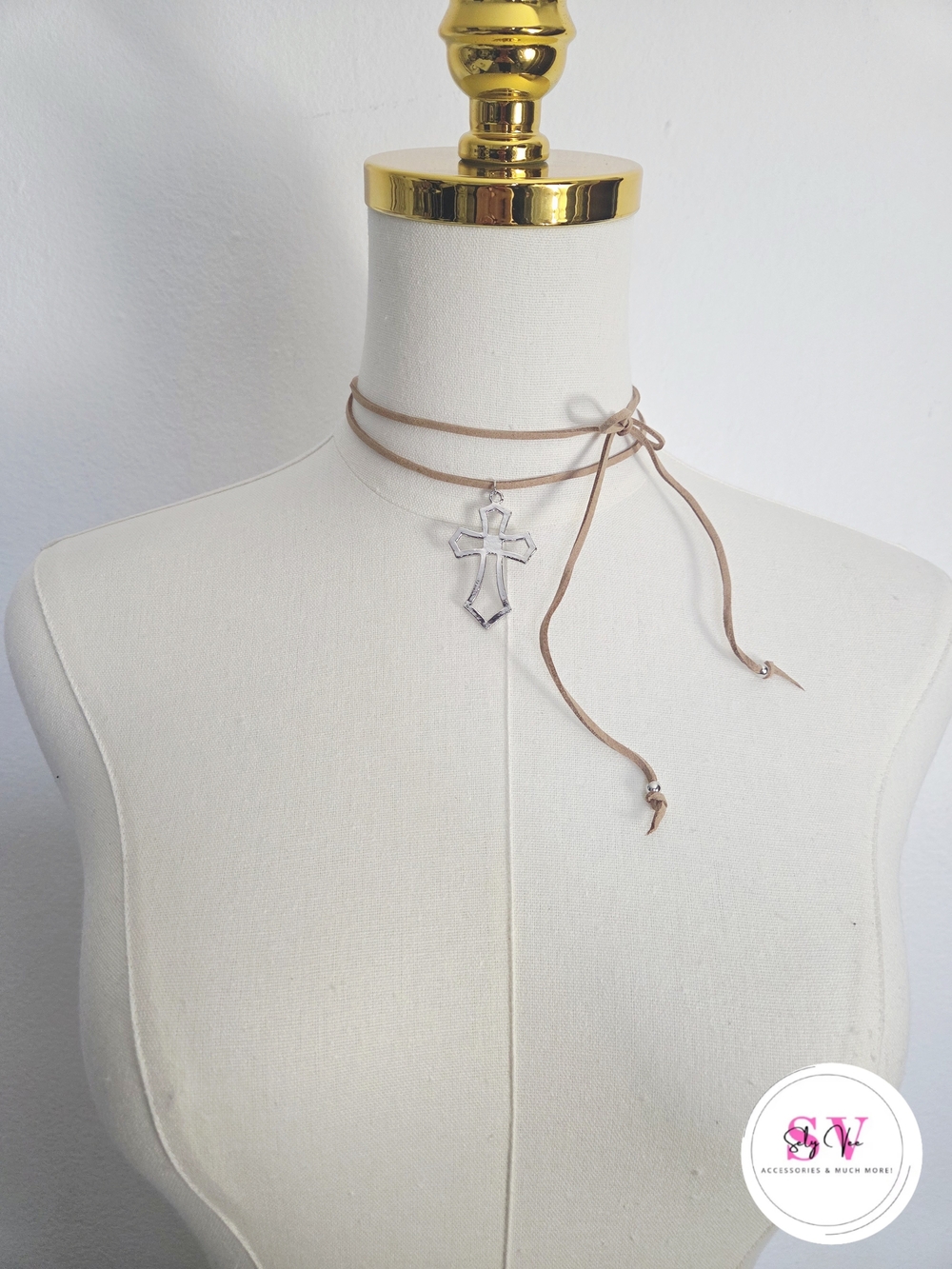 Tan Suede Wrap Choker Necklace with Silver Cross Pendant